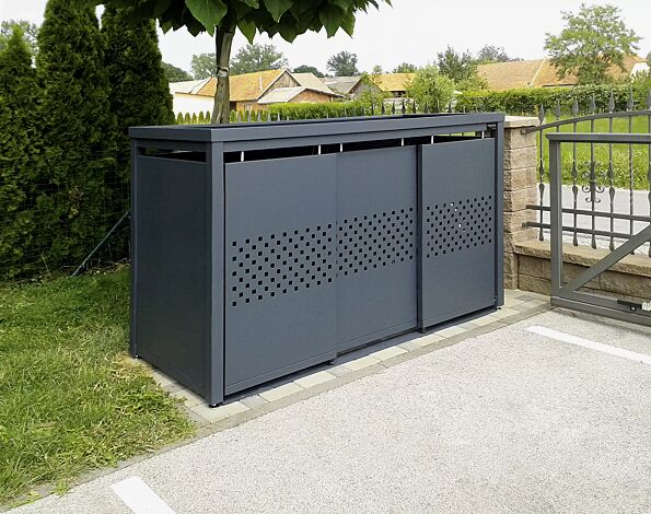 Müllbehälter-Dreifachschrank STYLEOUT® QUBIS mit Pflanzdach, Aluminiumkonstruktion in RAL 7016 anthrazitgrau