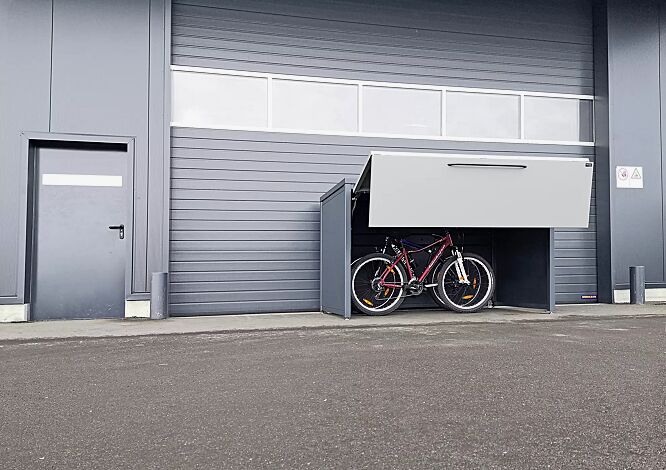 Fahrradgarage STYLEOUT® GARAGE, Stahlkonstruktion in RAL 7016 anthrazitgrau, Öffnungsklappe in RAL 9007 graualuminium