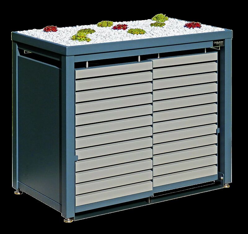 Müllbehälter-Doppelschrank STYLEOUT® LINIS mit Pflanzdach, Aluminiumkonstruktion in RAL 7016 anthrazitgrau, Schiebetüren in RAL 9001 cremeweiß
