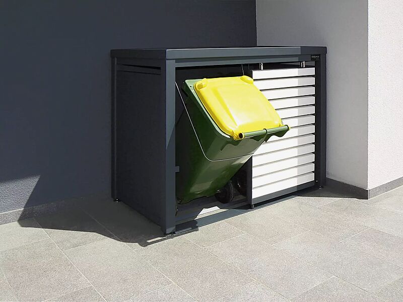 Müllbehälter-Doppelschrank STYLEOUT® LINIS mit Pflanzdach, Aluminiumkonstruktion in RAL 7016 anthrazitgrau, Schiebetüren in RAL 9003 signalweiß