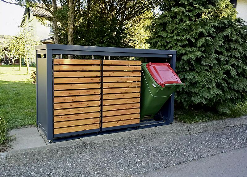 Müllbehälter-Dreifachschrank STYLEOUT® LINIS mit Pflanzdach, Aluminiumkonstruktion in RAL 7016 anthrazitgrau, Schiebetüren in Holzdekor Pinie