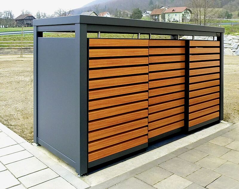 Müllbehälter-Dreifachschrank STYLEOUT® LINIS mit Pflanzdach, Aluminiumkonstruktion in RAL 7016 anthrazitgrau, Schiebetüren in Holzdekor Douglasie