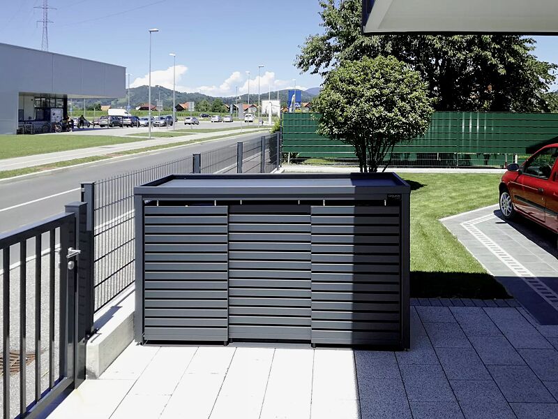 Müllbehälter-Dreifachschrank STYELOUT® LINIS mit Pflanzdach, Aluminiumkonstruktion und Schiebetüren in RAL 7016 anthrazitgrau