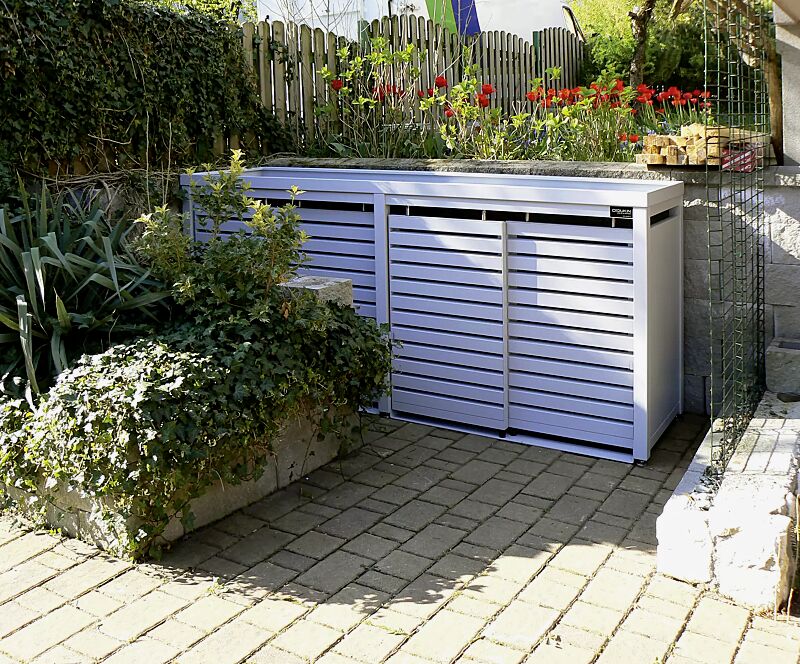 Müllbehälter-Vierfachschrank STYLEOUT® LINIS mit Pflanzdach, Aluminiumkonstruktion und Schiebetüren in RAL 9006 weißaluminium