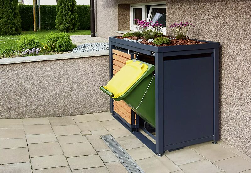 Müllbehälter-Doppelschrank STYLEOUT® LINIS mit Pflanzdach, Aluminiumkonstruktion in RAL 7016 anthrazitgrau, Schiebetüren in Holzdekor Pine