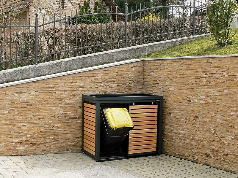Müllbehälter-Doppelschrank STYLEOUT® LINIS mit Pflanzdach, Aluminiumkonstruktion in RAL 7016 anthrazitgrau, Schiebetüren in Holzdekor Douglasie
