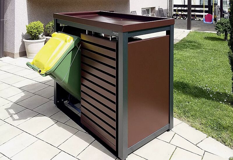 Müllbehälter-Doppelschrank STYLEOUT® LINIS mit Pflanzdach, Aluminiumkonstruktion farblich auftragsbezogen angepasst: Rahmenteile in antik silber, Seitenteile, Dach und Türleisten in antik kupfer
