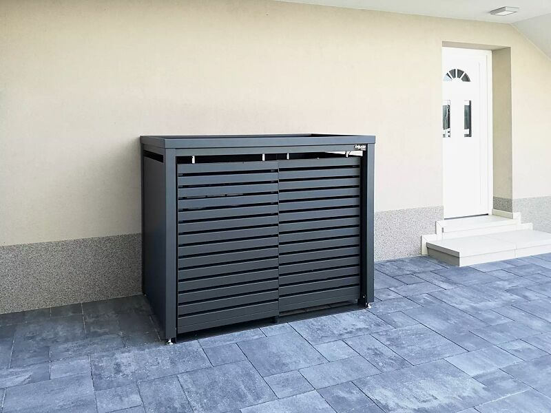 Müllbehälter-Doppelschrank STYELOUT® LINIS mit Pflanzdach, Aluminiumkonstruktion und Schiebetüren in RAL 7016 anthrazitgrau
