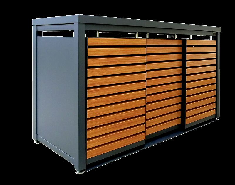 Müllbehälter-Dreifachschrank STYLEOUT® LINIS mit Pflanzdach, Aluminiumkonstruktion in RAL 7016 anthrazitgrau, Schiebetüren in Holzdekor Douglasie