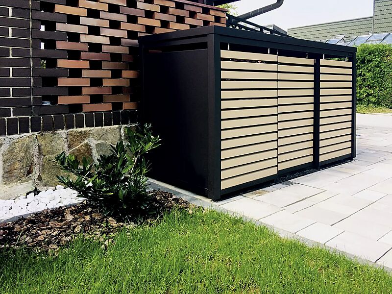 Müllbehälter-Dreifachschrank STYELOUT® LINIS mit Pflanzdach, Aluminiumkonstruktion in RAL 7016 anthrazitgrau, Schiebetüren in RAL 9001 cremeweiß