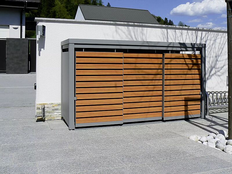 Müllbehälter-Dreifachschrank STYELOUT® LINIS mit Pflanzdach, Aluminiumkonstruktion in RAL 7040 fenstergrau, Schiebetüren in Holzdekor Kirschbaum hell