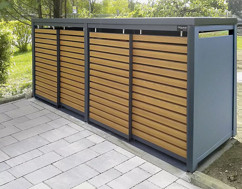 Müllbehälter-Vierfachschrank STYLEOUT® LINIS mit Pflanzdach, Aluminiumkonstruktion in RAL 7016 anthrazitgrau, Schiebetüren in Holzdekor Kirschbaum hell