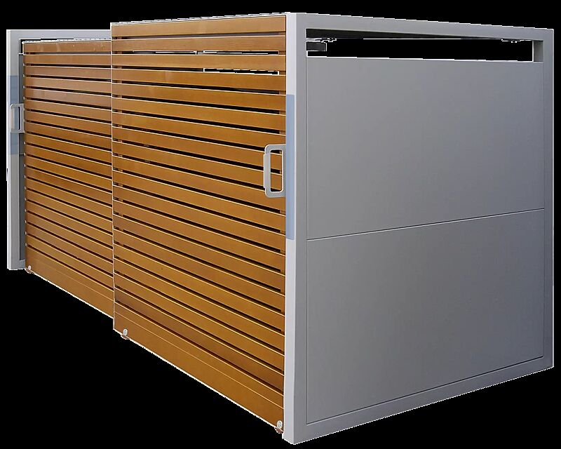 Müllbehälter-Doppelschrank STYLEOUT® LINIS 1100, Türen in Holz-Dekor Douglasie, Stahlkonstruktion, Rück- und Seitenwände in RAL 9006 weißaluminium, Dach in Aluminium eloxiert