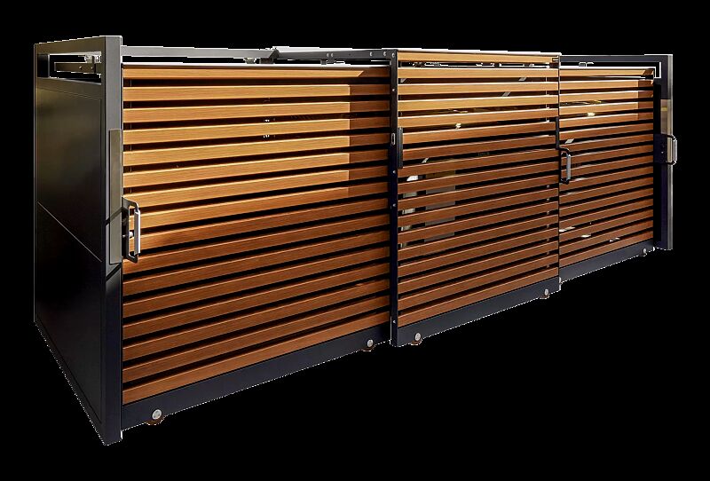 Müllbehälter-Dreifachschrank STYLEOUT® LINIS 1100, Tür-Lamellen in Holzdekor Kirschbaum hell, Aluminiumkonstruktion in RAL 7016 anthrazitgrau, Dach in Aluminium eloxiert
