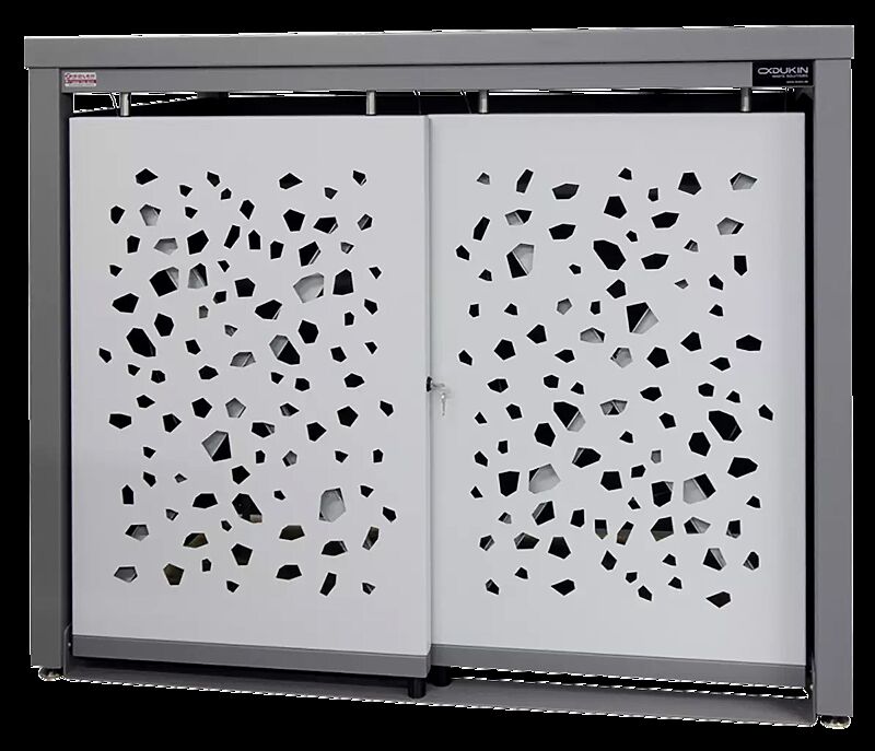 Müllbehälter-Doppelschrank STYLEOUT® TOMO mit Pflanzdach, Aluminiumkonstruktion in RAL 9007 graualuminium, Schiebetüren in RAL 9006 weißaluminium
