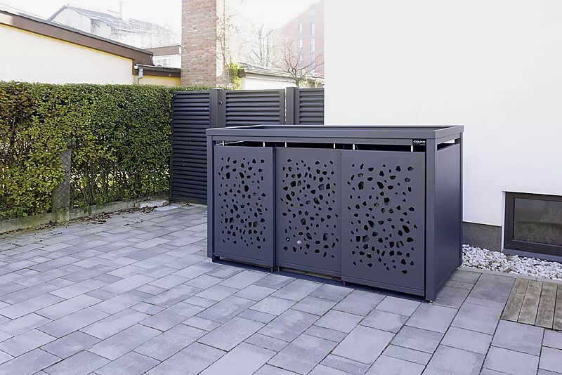Müllbehälter-Dreifachschrank STYLEOUT® TOMO mit Pflanzdach, Aluminiumkonstruktion in RAL 7016 anthrazitgrau