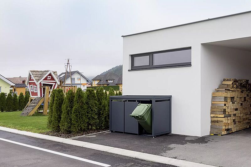 Müllbehälter-Dreifachschrank STYLEOUT® BLANK mit Pflanzdach, Aluminiumkonstruktion in RAL 7016 anthrazitgrau