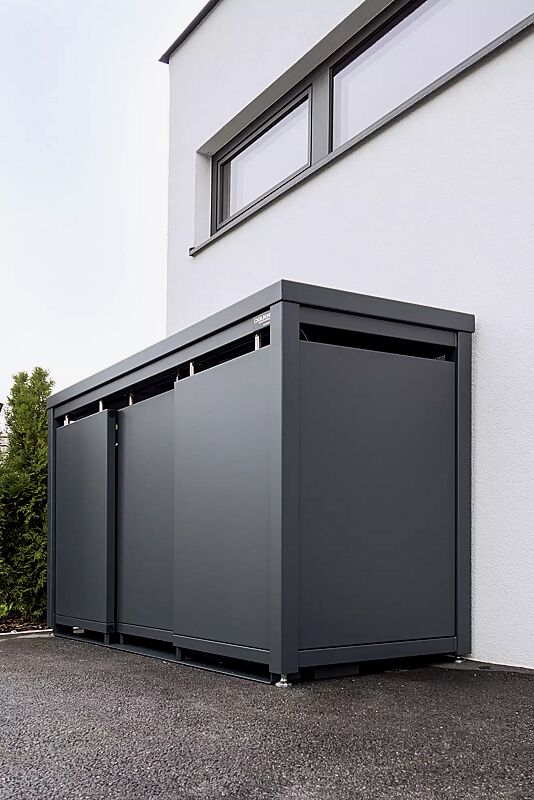 Müllbehälter-Dreifachschrank STYLEOUT® BLANK mit Pflanzdach, Aluminiumkonstruktion in RAL 7016 anthrazitgrau