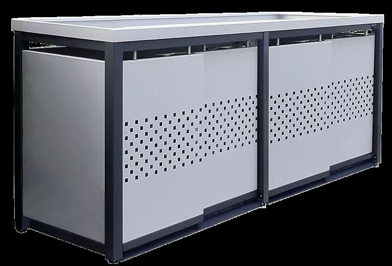 Müllbehälter-Vierfachschrank STYLEOUT® QUBIS mit Pflanzdach, Aluminiumkonstruktion in RAL 7016 anthrazitgrau, Dach, Schiebetüren, Rück- / Seitenwände in RAL 9006 weißaluminium