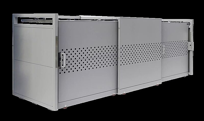 Müllbehälter-Dreifachschrank STYLEOUT® QUBIS 1100, Schiebetüren mit Quadratlochung, Aluminiumkonstruktion in RAL 9007 graualuminium