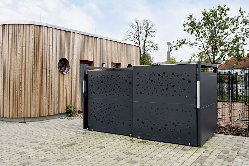 Müllbehälter-Doppelschrank STYLEOUT® TOMO 1100, Schiebetüren mit Designlochung, Aluminiumkonstruktion in RAL 7016 anthrazitgrau