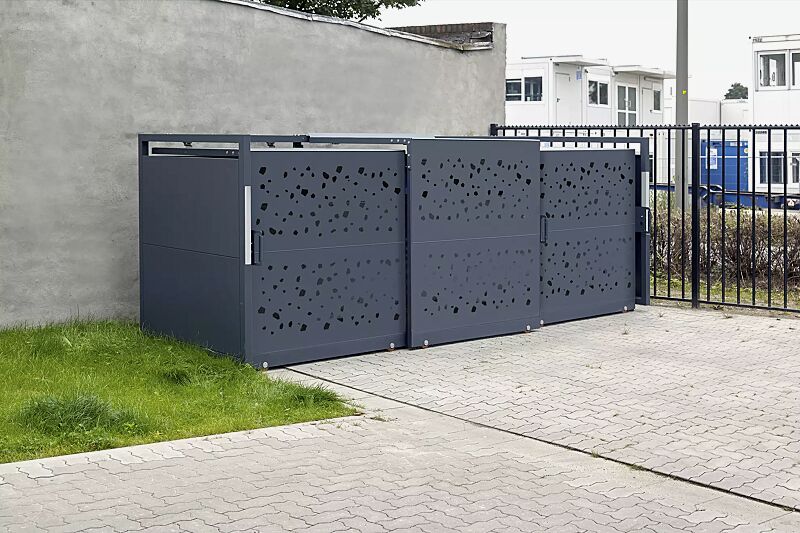 Müllbehälter-Dreifachschrank STYLEOUT® TOMO 1100, Schiebetüren mit Designlochung, Aluminiumkonstruktion in RAL 7016 anthrazitgrau