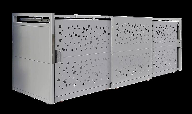 Müllbehälter-Dreifachschrank STYLEOUT® TOMO 1100, Schiebetüren mit Designlochung, Aluminiumkonstruktion in RAL 9007 graualuminium