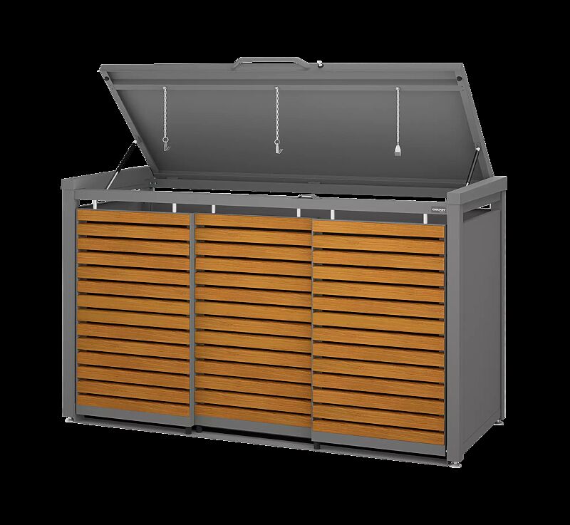 Müllbehälter-Doppelschrank STYLEOUT® LINIS, mit Klappdach, Aluminiumkonstruktion in RAL 9007 graualuminium, Schiebetüren in Holzdekor Douglasie