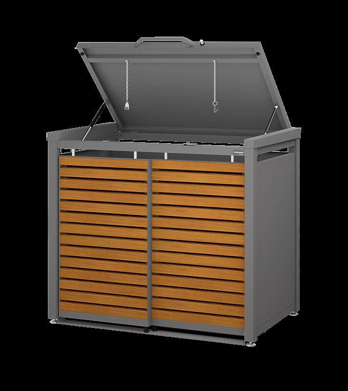 Müllbehälter-Doppelschrank STYLEOUT® LINIS, mit Klappdach, Aluminiumkonstruktion in RAL 9007 graualuminium, Schiebetüren in Holzdekor Douglasie