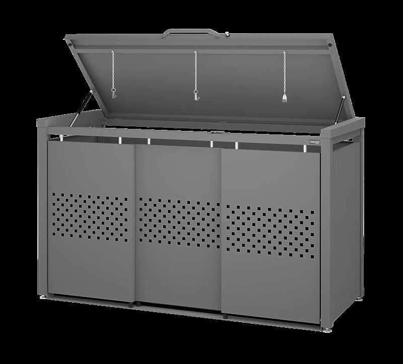 Müllbehälter-Dreifachlschrank STYLEOUT® QUBIS, mit Klappdach, Aluminiumkonstruktion in RAL 9007 graualuminium