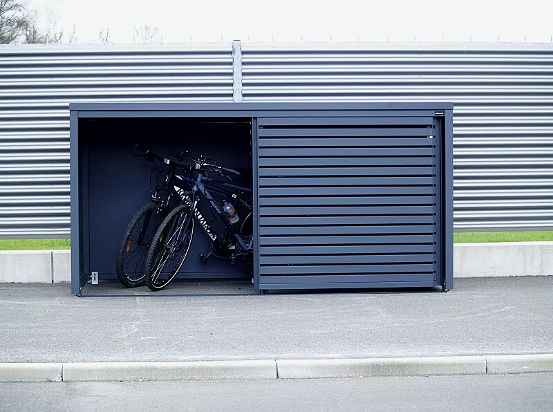 Universaldepot STYLEOUT® LINIS STORE als Fahrradgarage, Aluminiumkonstruktion sowie Wand- und Türelemente in RAL 7016 anthrazitgrau