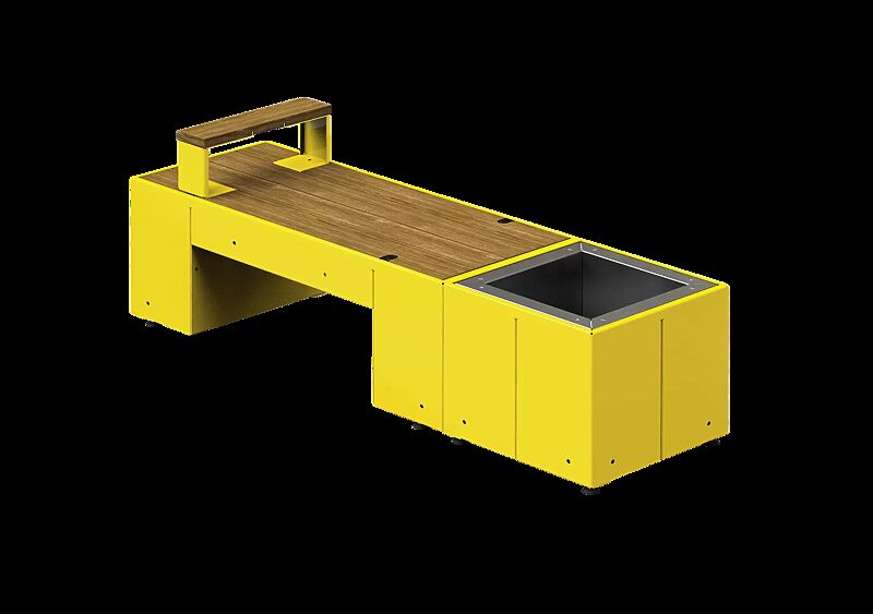 Sitzinsel TASKU, Sitzbank mit Armlehne sowie quadratischer Pflanzbehälter, in RAL 1021 rapsgelb