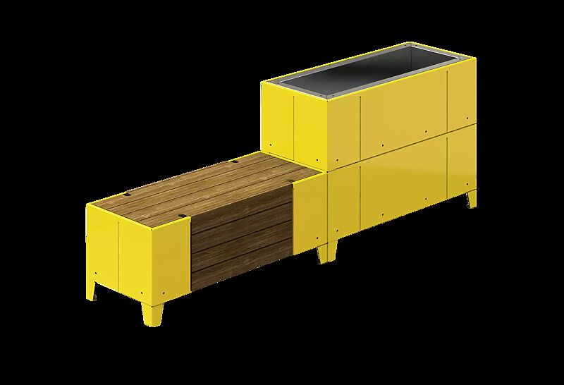 Sitzinsel TASKU, Sitzbank sowie rechteckiger Pflanzbehälter, in RAL 1021 rapsgelb