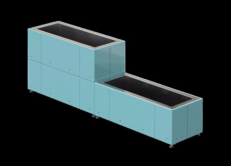 Sitzinsel TASKU, 2 rechteckige Pflanzbehälter, Höhe 800 mm und 400 mm, in RAL 6027 lichtgrün