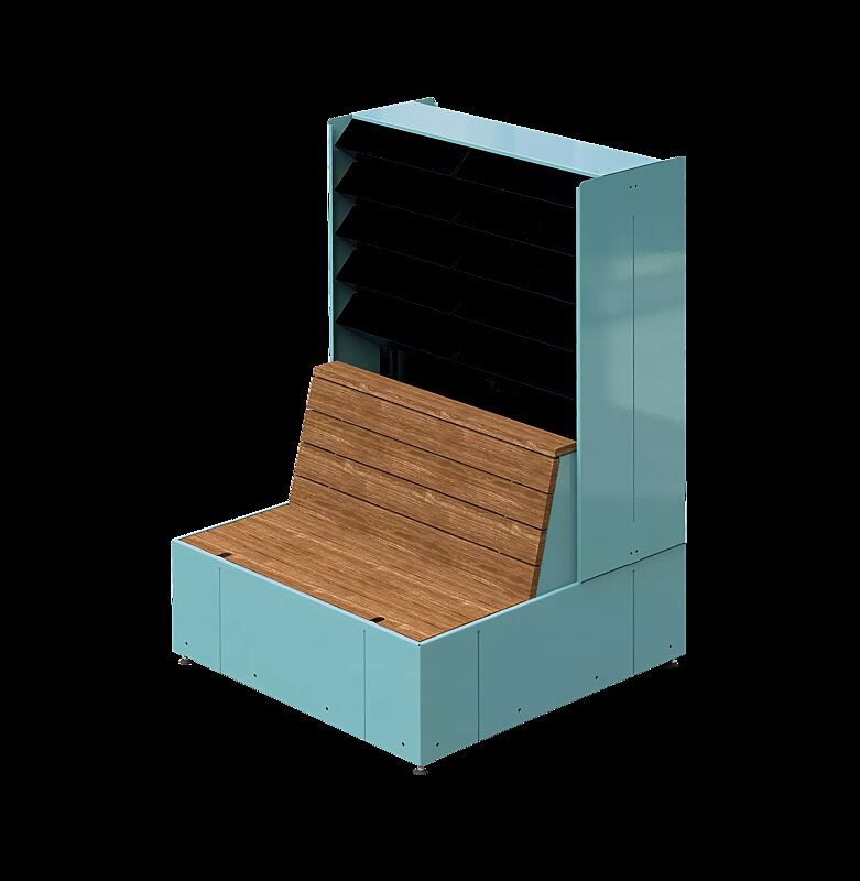 Sitzinsel TASKU, Sitzbank mit Rückenlehne sowie Pflanzwand, in RAL 6027 lichtgrün