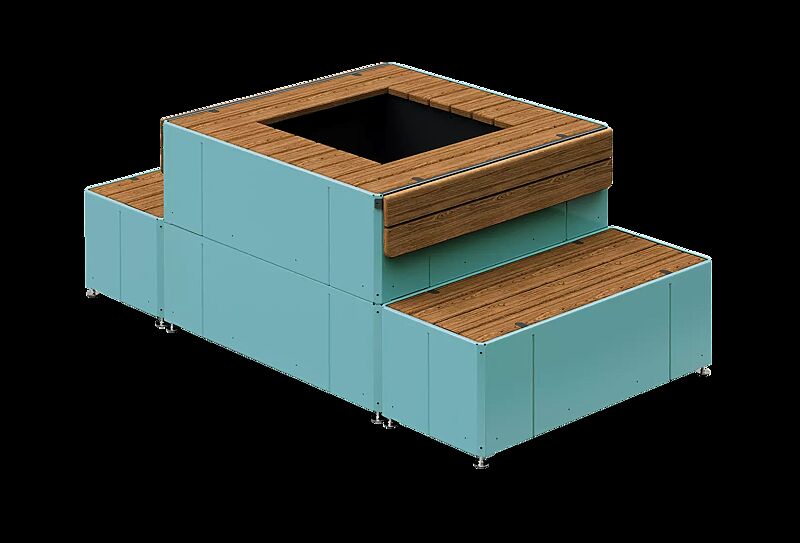 Sitzinsel TASKU, 2 Sitzbänke sowie quadratischer Pflanzbehälter mit Sitzbank, in RAL 6027 lichtgrün