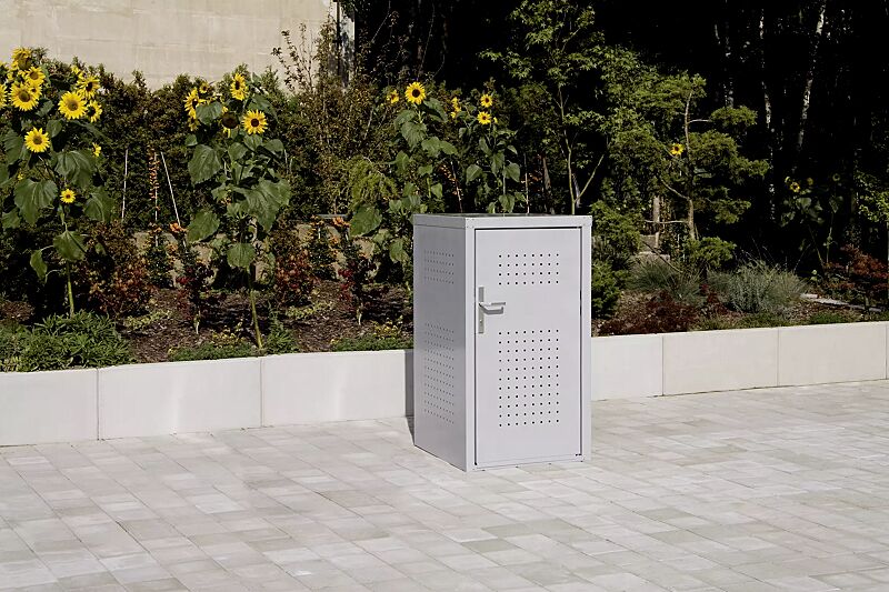 Müllbehälter-Einzelschrank FLEET, in RAL 9006 weißaluminium, Tür mit Türdrücker außen und innen