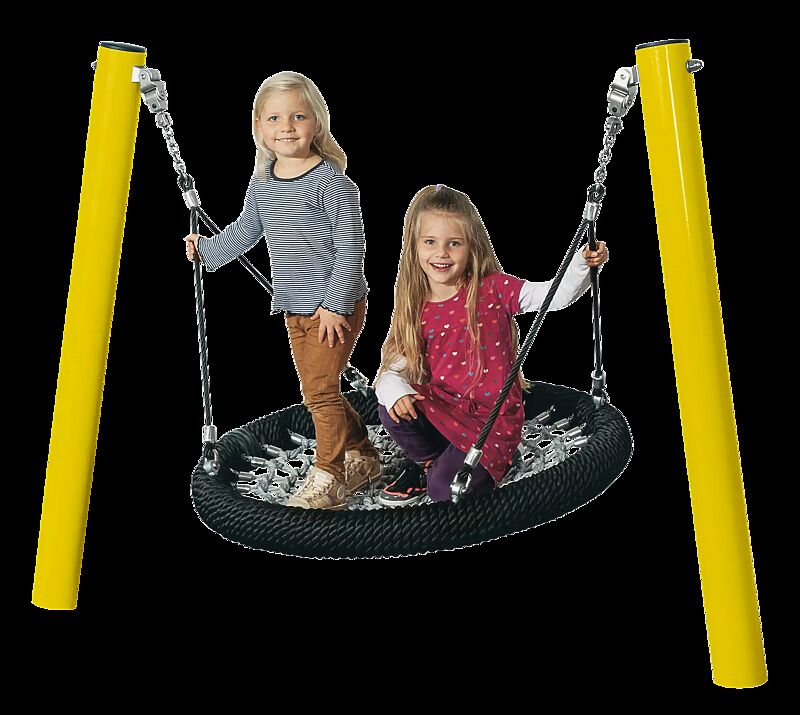 Kleinkind-Nestschaukel AGNES, Sitzfläche in grau ähnlich RAL 7001 silbergrau, Außenring und Aufhängung in schwarz ähnlich RAL 9005 tiefschwarz sowie Stahlpfosten standardmäßig in sonnengelb ähnlich RAL 1023 verkehrsgelb