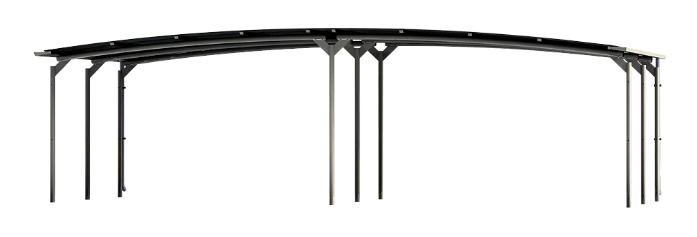 Fahrradüberdachung CANIS, Dachbreite x Dachtiefe 9100 mm x 4300 mm, doppelseitig, ohne Rück- / Seitenwände, Großbogendach mit 2 konvexen Bögen, Stahlkonstruktion in RAL 7005 mausgrau