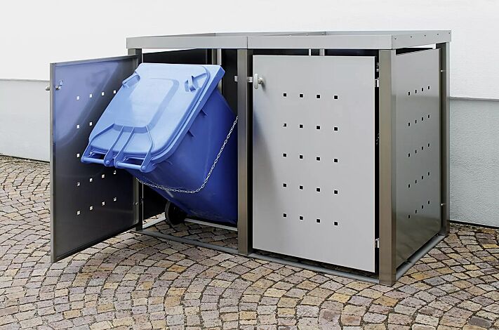 Müllbehälter-Doppelschrank TORRANCE, komplett in Edelstahl, mit Kippvorrichtung