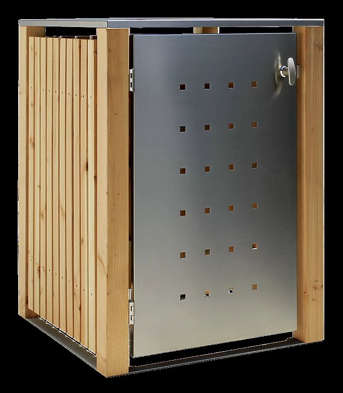Müllbehälter-Einzelschrank FONTANA, Türen und Dach aus Edelstahl, Pfosten, Rück- und Seitenwandelemente aus Lärchenholz