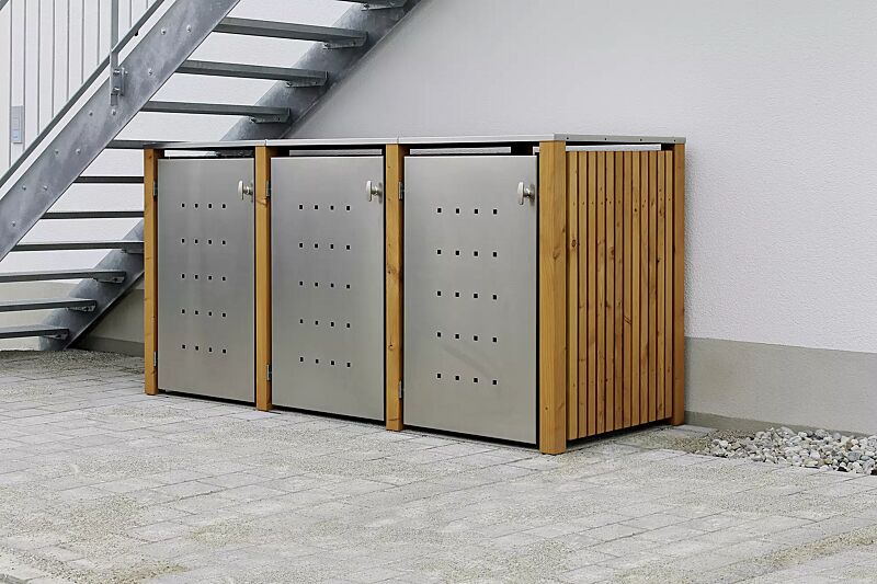 Müllbehälter-Dreifachschrank FONTANA, Türen und Dach aus Edelstahl, Pfosten, Rück- und Seitenwandelemente aus Lärchenholz