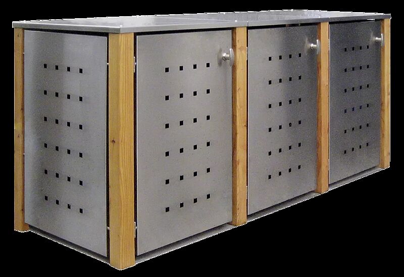 Müllbehälter-Dreifachschrank GARLAND mit Flachdach, Türen, Dach, Rück- / Seitenwandelemente aus Edelstahl, Pfosten in Lärchenholz