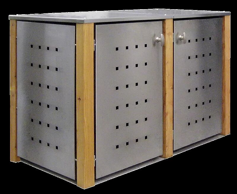 Müllbehälter-Doppelschrank GARLAND mit Flachdach, Türen, Dach, Rück- / Seitenwandelemente aus Edelstahl, Pfosten in Lärchenholz