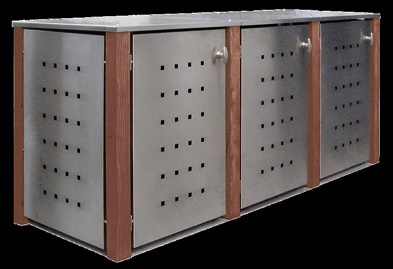 Müllbehälter-Dreifachschrank GARLAND mit Flachdach, Türen, Dach, Rück- / Seitenwandelemente aus Edelstahl, Pfosten in Bangkiraiholz