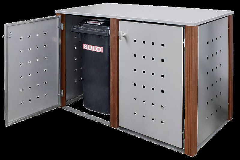 Müllbehälter-Doppelschrank GARLAND mit Flachdach, Türen, Dach, Rück- / Seitenwandelemente aus Edelstahl, Pfosten in Bangkiraiholz