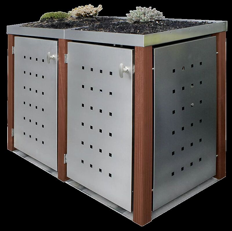 Müllbehälter-Doppelschrank GARLAND mit Pflanzdach, Türen, Dach, Rück- / Seitenwandelemente aus Edelstahl, Pfosten in Bangkiraiholz