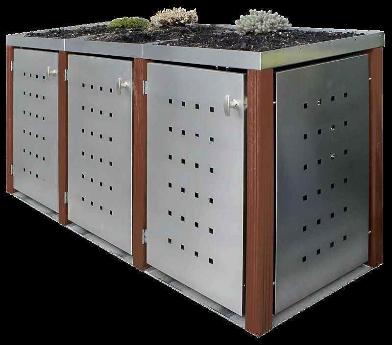 Müllbehälter-Dreifachschrank GARLAND mit Pflanzdach, Türen, Dach, Rück- / Seitenwandelemente aus Edelstahl, Pfosten in Bangkiraiholz