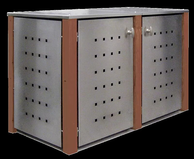 Müllbehälter-Doppelschrank GARLAND mit Flachdach, Türen, Dach, Rück- / Seitenwandelemente aus Edelstahl, Pfosten in Bangkiraiholz