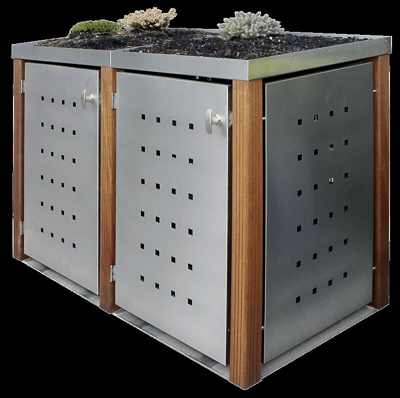 Müllbehälter-Doppelschrank GARLAND mit Pflanzdach, Türen, Dach, Rück- / Seitenwandelemente aus Edelstahl, Pfosten in Lärchenholz